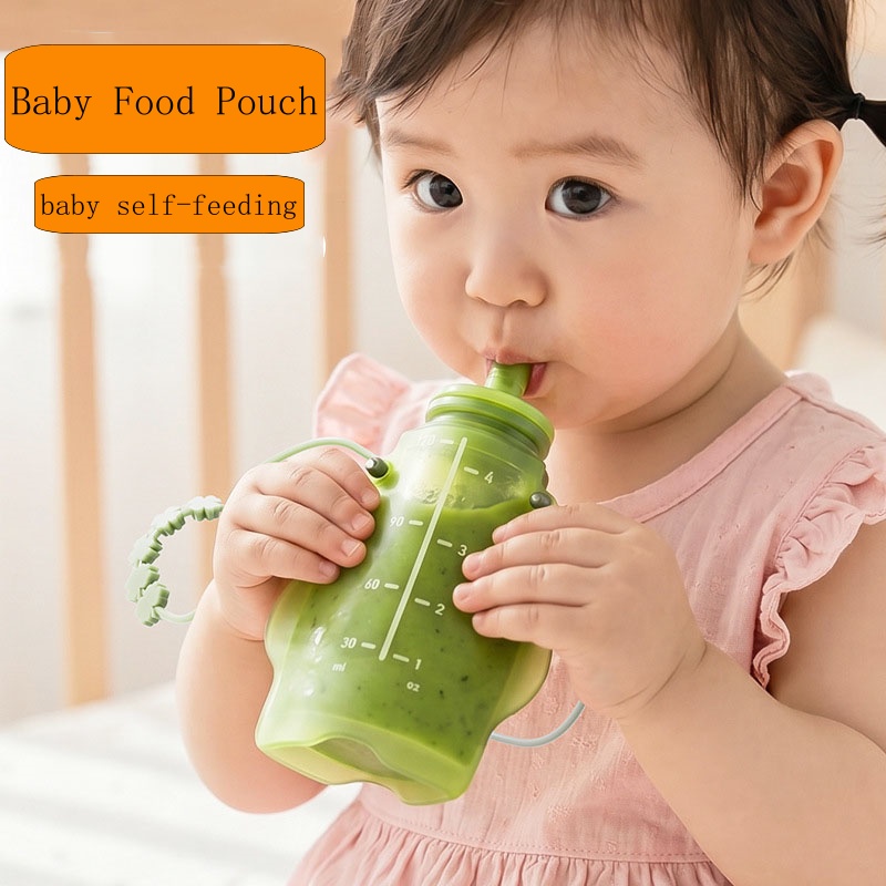 Baby Food Reusable Pouches - BPAフリー シリコン製フルーツピューレ用食品ポーチ 再利用可能 液漏れ防止 ベビー用絞り出し式フードバッグ ミルク、米、シリアル、食品容器用