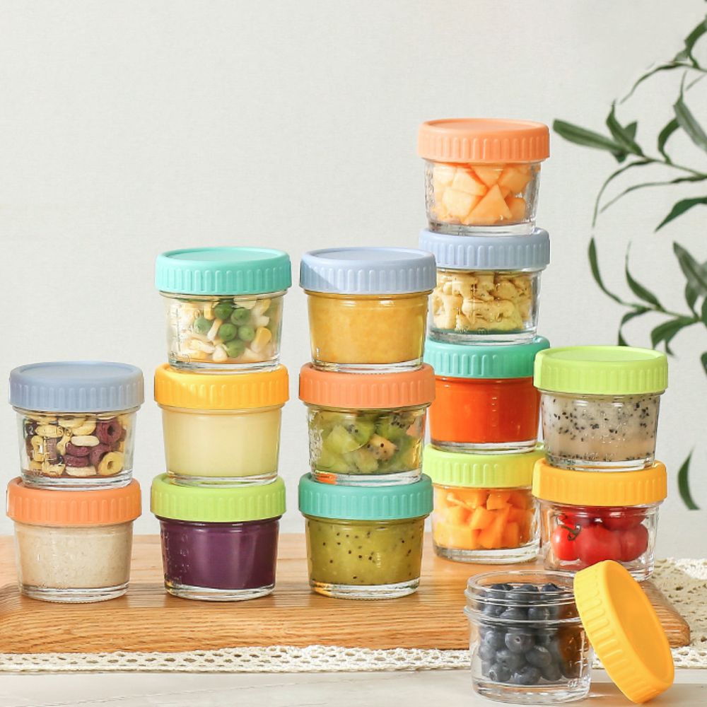 Baby Food Jars Glass - 6個入りガラス製ベビーフードジャー、再利用可能、蓋付き、ディップソースカップ、漏れ防止、目盛り付き、サラダドレッシング容器、蜂蜜用