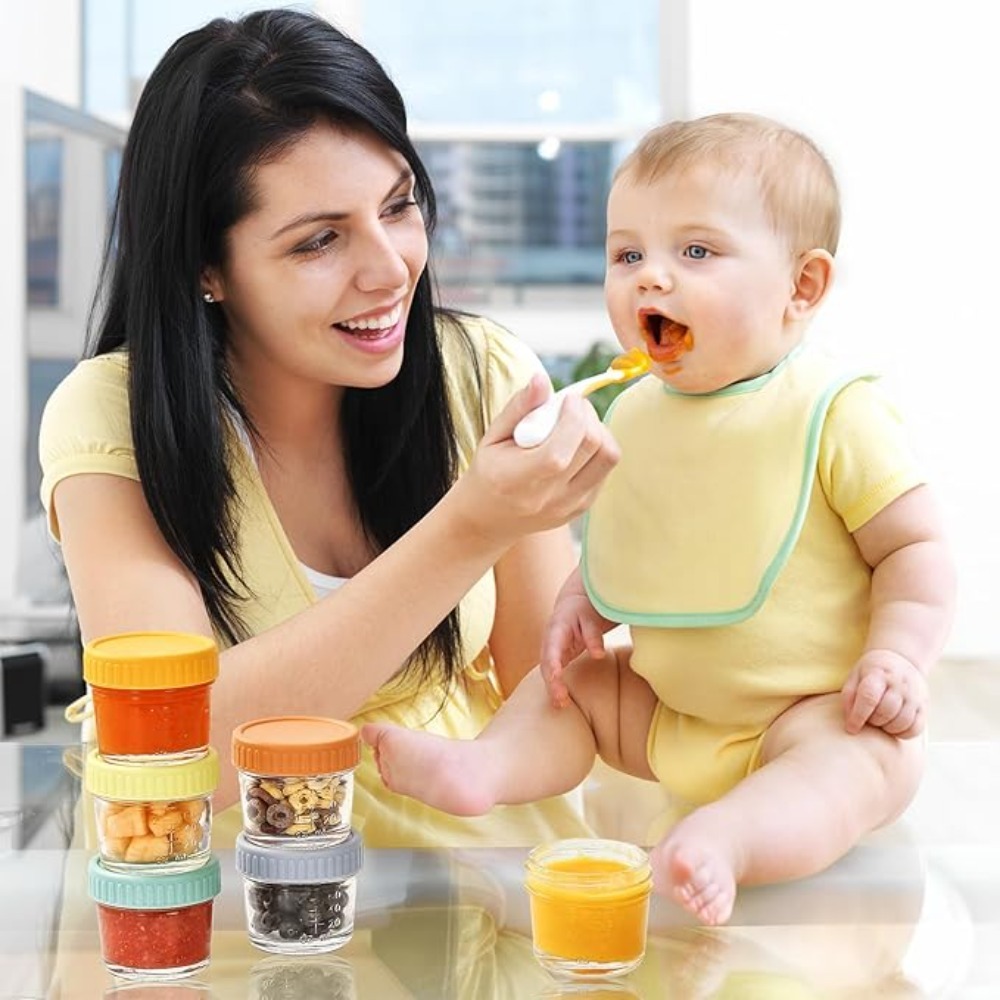Baby Food Jars Glass - 6個入りガラス製ベビーフードジャー 再利用可能 目盛り付き ディップソースカップ 蓋付き漏れ防止 サラダドレッシング容器