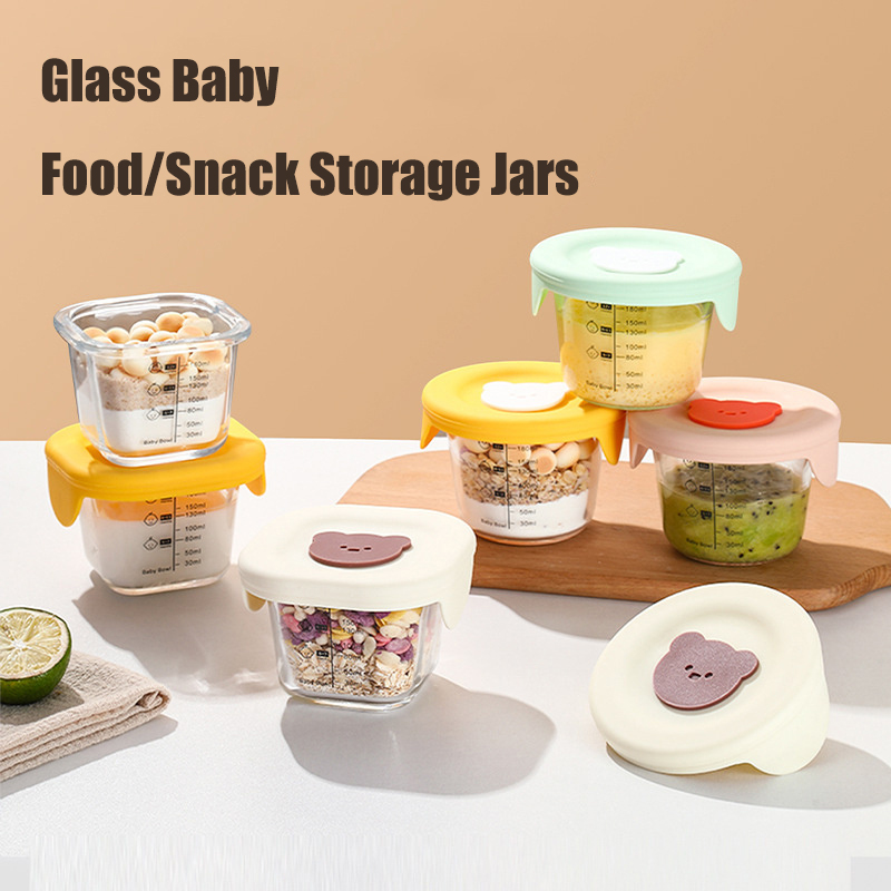 Baby Food Jars Glass - ふた付きベビーフード収納ジャー、幼児用の漏れ防止スナックピューレ容器、冷凍庫電子レンジ対応給餌ボウル、180ml