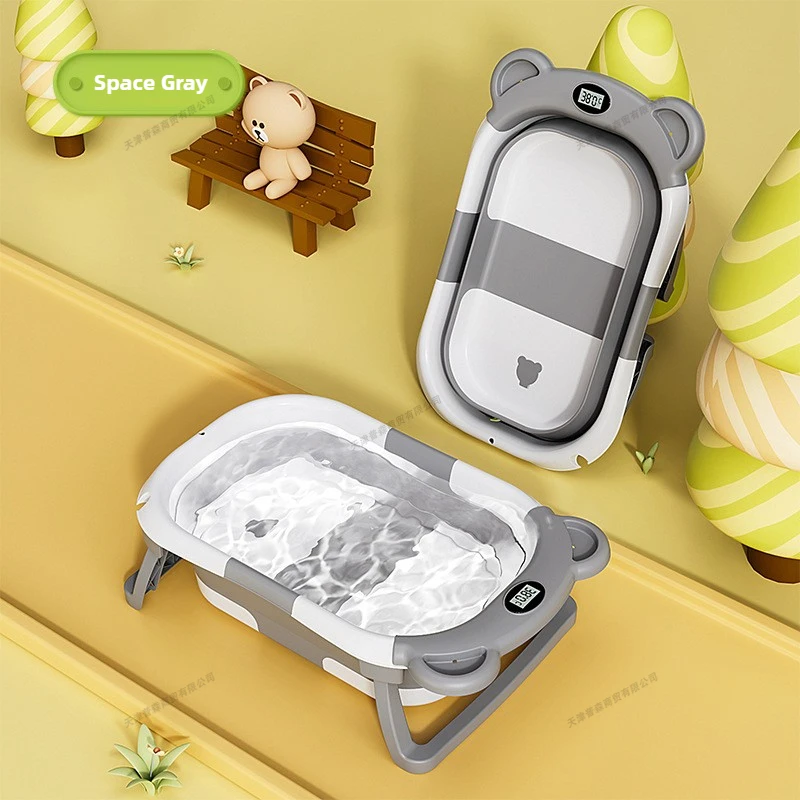 Baby Food Warmer Portable - 折りたたみ式ベビーバスインテリジェント温度表示新生児用浴槽クマスタイルポータブルシャワー台幼児安全バス用品